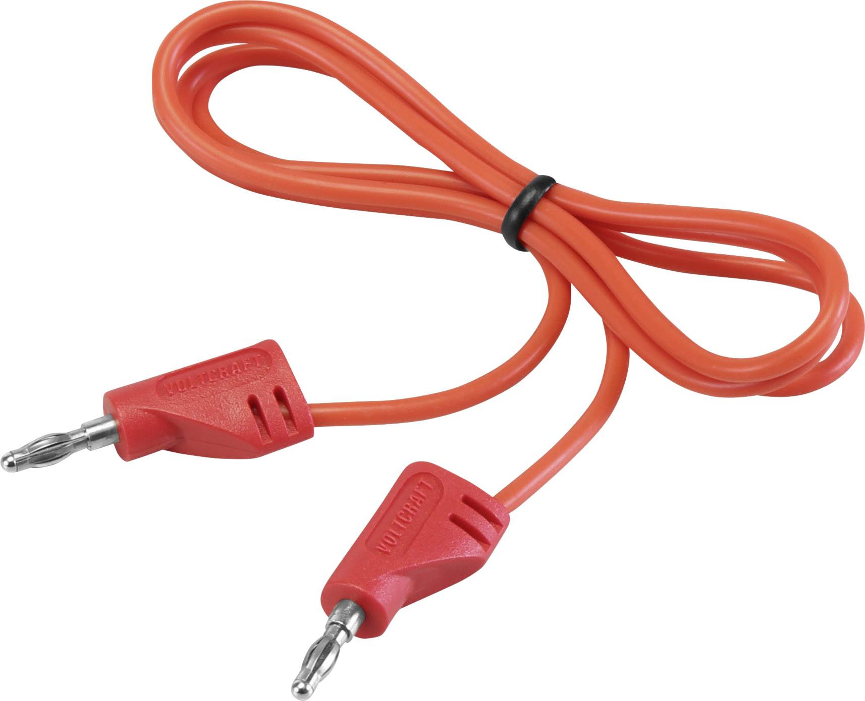 Câble rouge avec deux fiches bananes à ses extrémités, souvent utilisé pour des tests électroniques ou des connexions audio.