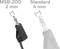 Adaptateur et fiches 'Voltcraft' : à gauche MSB-200, 2 mm ; à droite Standard, 4 mm. Montre les différences de taille entre les fiches.