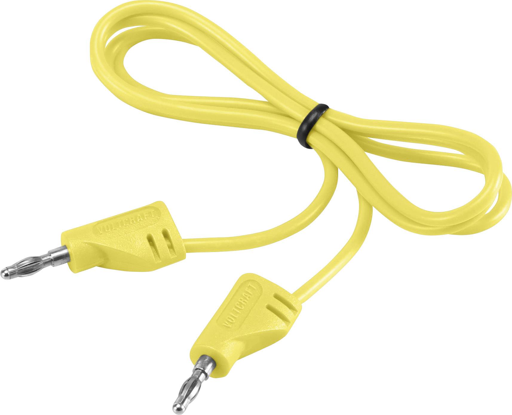 Câble jaune avec deux fiches jack 3,5 mm à ses extrémités, adapté pour les connexions audio. Un attache-câble noir le maintient ensemble.