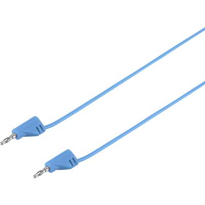 Câbles de connexion bleus avec fiches bananes droites aux deux extrémités, généralement utilisés pour les connexions électriques.