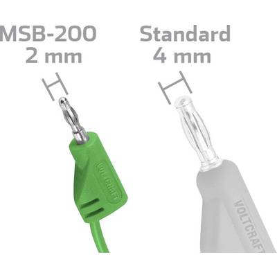 Comparaison des fiches bananes 'MSB-200 2 mm' et 'Standard 4 mm'. Le MSB-200 est plus petit et associé à un câble vert.
