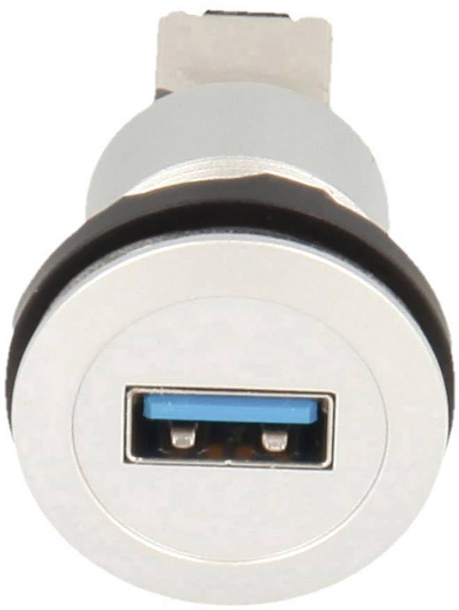 Une prise USB argentée avec un intérieur bleu, intégrée dans un support cylindrique, typique des périphériques matériels.