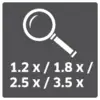 Loupe avec les niveaux de grossissement : 1,2x, 1,8x, 2,5x, 3,5x.