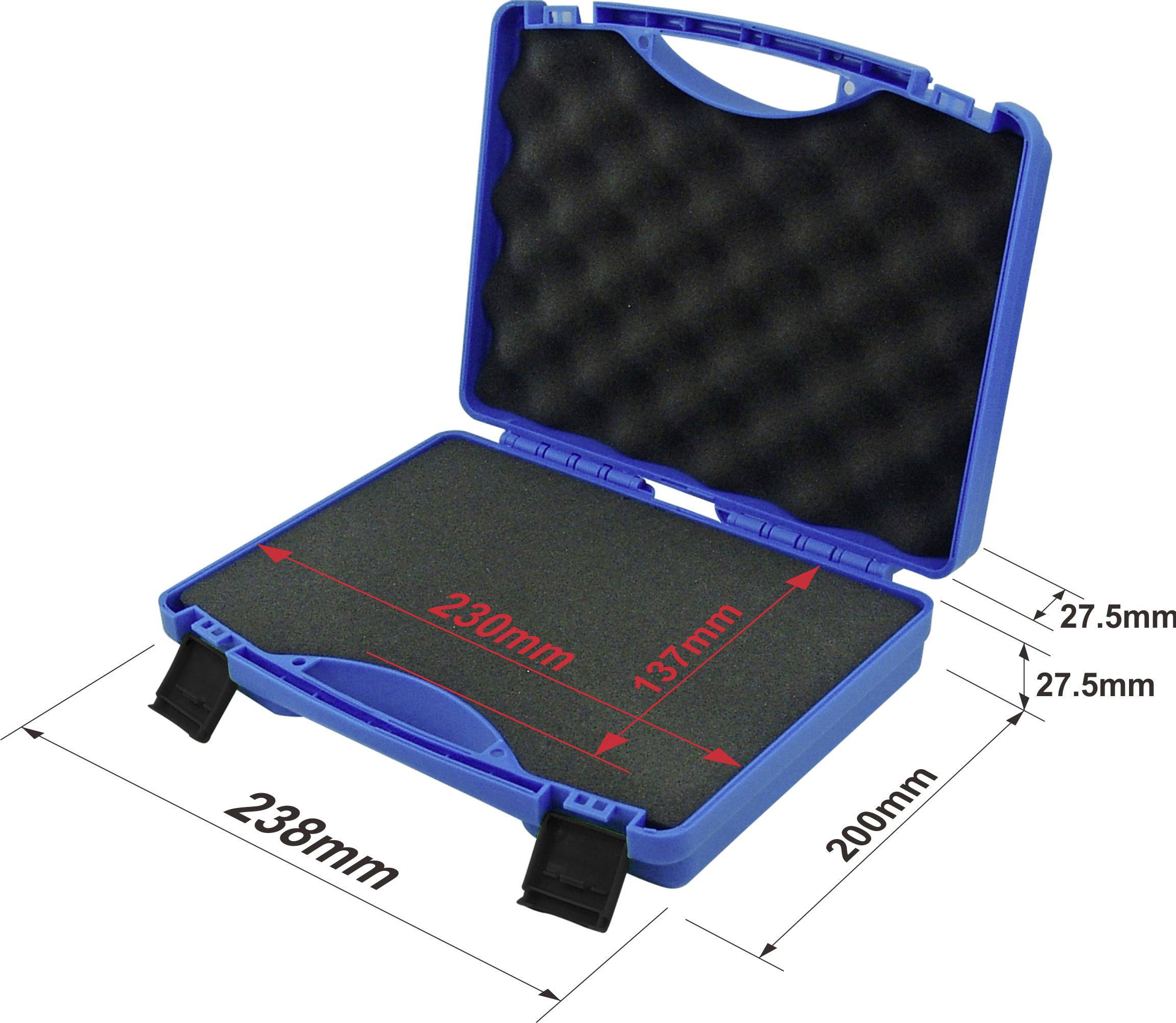 Mallette en plastique bleu avec rembourrage en mousse, ouverte. Les dimensions intérieures sont de 230 mm x 137 mm, dimensions totales 238 mm x 200 mm.