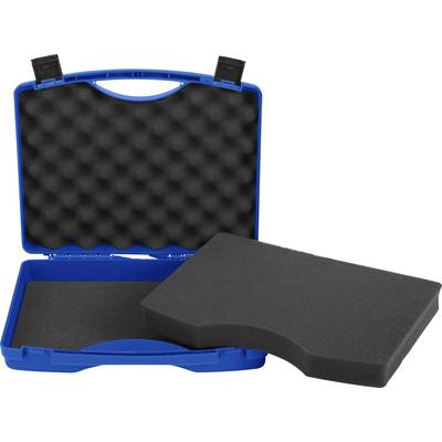 Une valise bleue ouverte avec des insertions amovibles en mousse noire, adaptée au transport en toute sécurité d'objets fragiles.