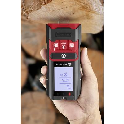 Un appareil portable pour mesurer l'humidité du bois affiche '50,0%' sur un écran. Arrière-plan : surfaces de bois floues.