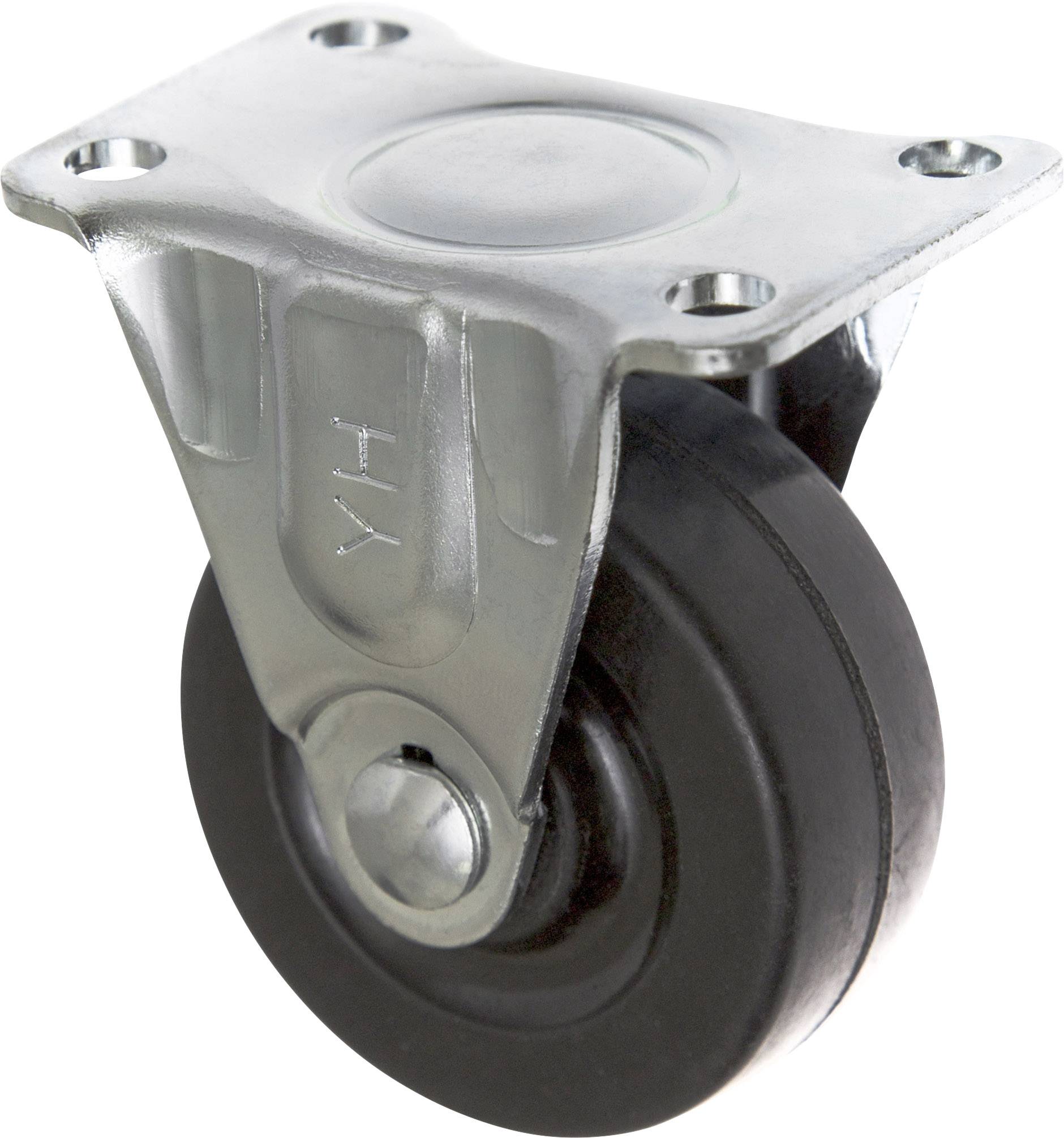 Roue de roulement noire avec boîtier métallique argenté, adaptée aux meubles ou aux appareils de transport.