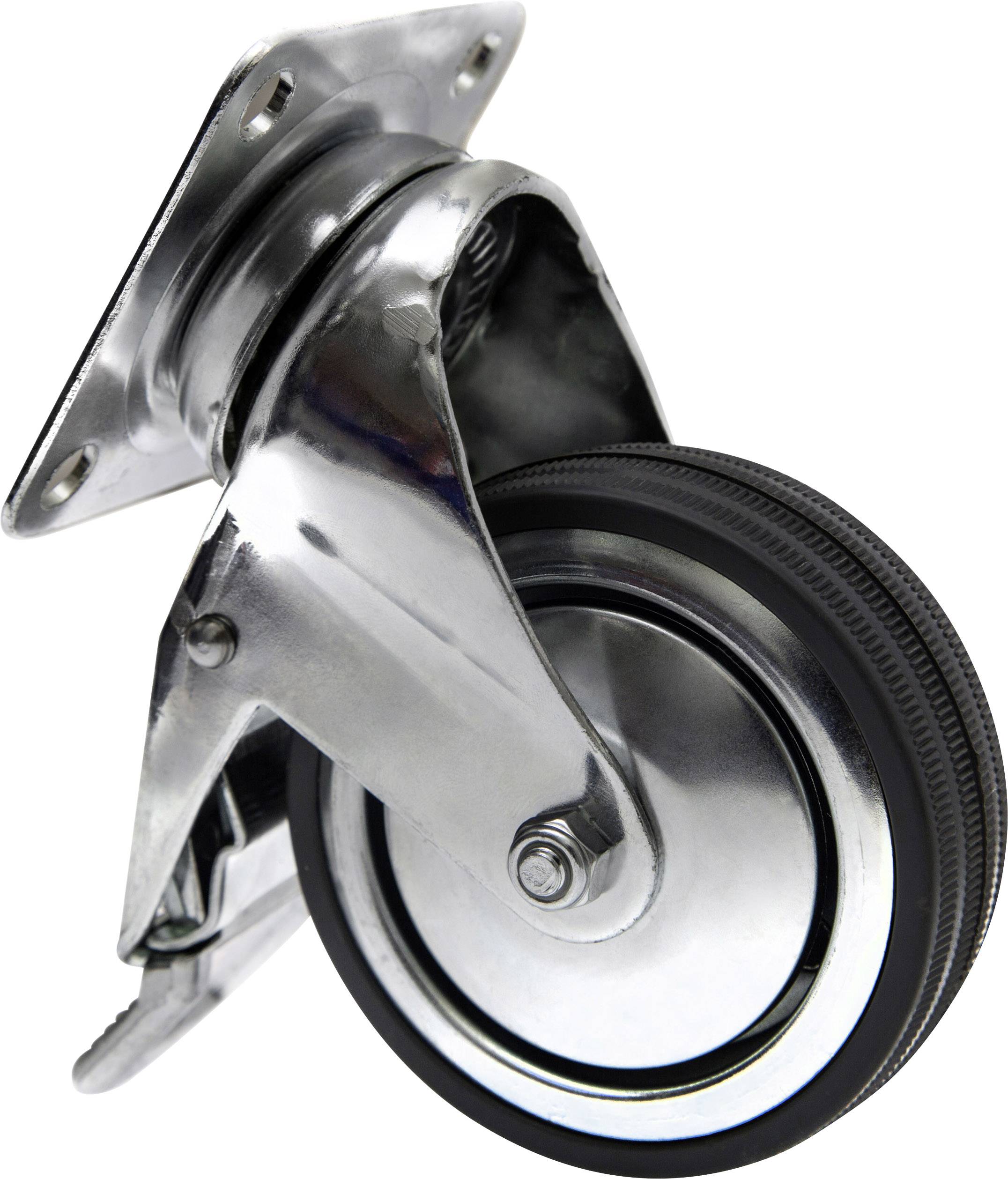 Roue pivotante en métal avec surface de roulement en caoutchouc noir et plaque de fixation, adaptée aux meubles ou aux appareils de transport.