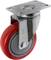 Roulette pivotante rouge avec support métallique, souvent utilisée pour monter sur des meubles ou des appareils afin d'améliorer leur mobilité.