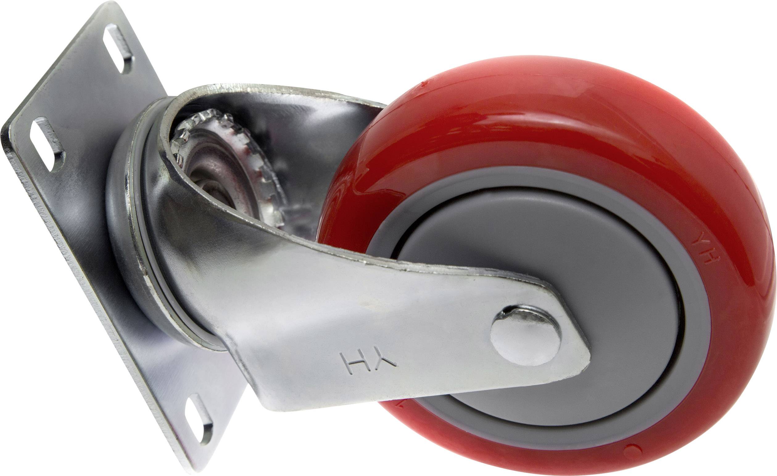 Roue de roulement rouge avec partie centrale grise et support argenté, fixée latéralement, souvent utilisée pour les meubles ou les appareils montés sur roulettes.