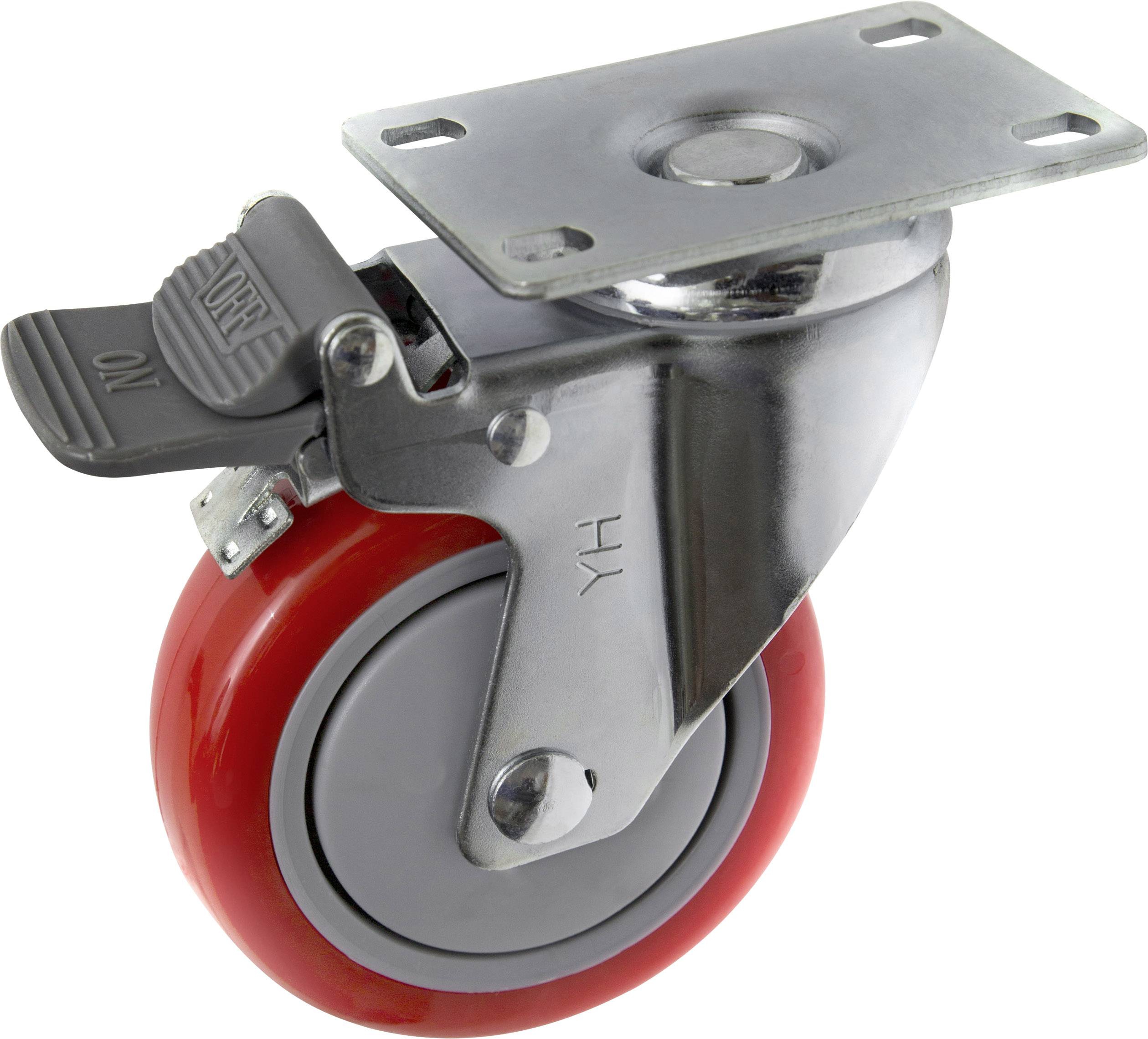 Roulette pivotante avec roue rouge et grise, support métallique et frein.