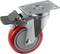 Roulette pivotante avec roue rouge et grise, support métallique et frein.