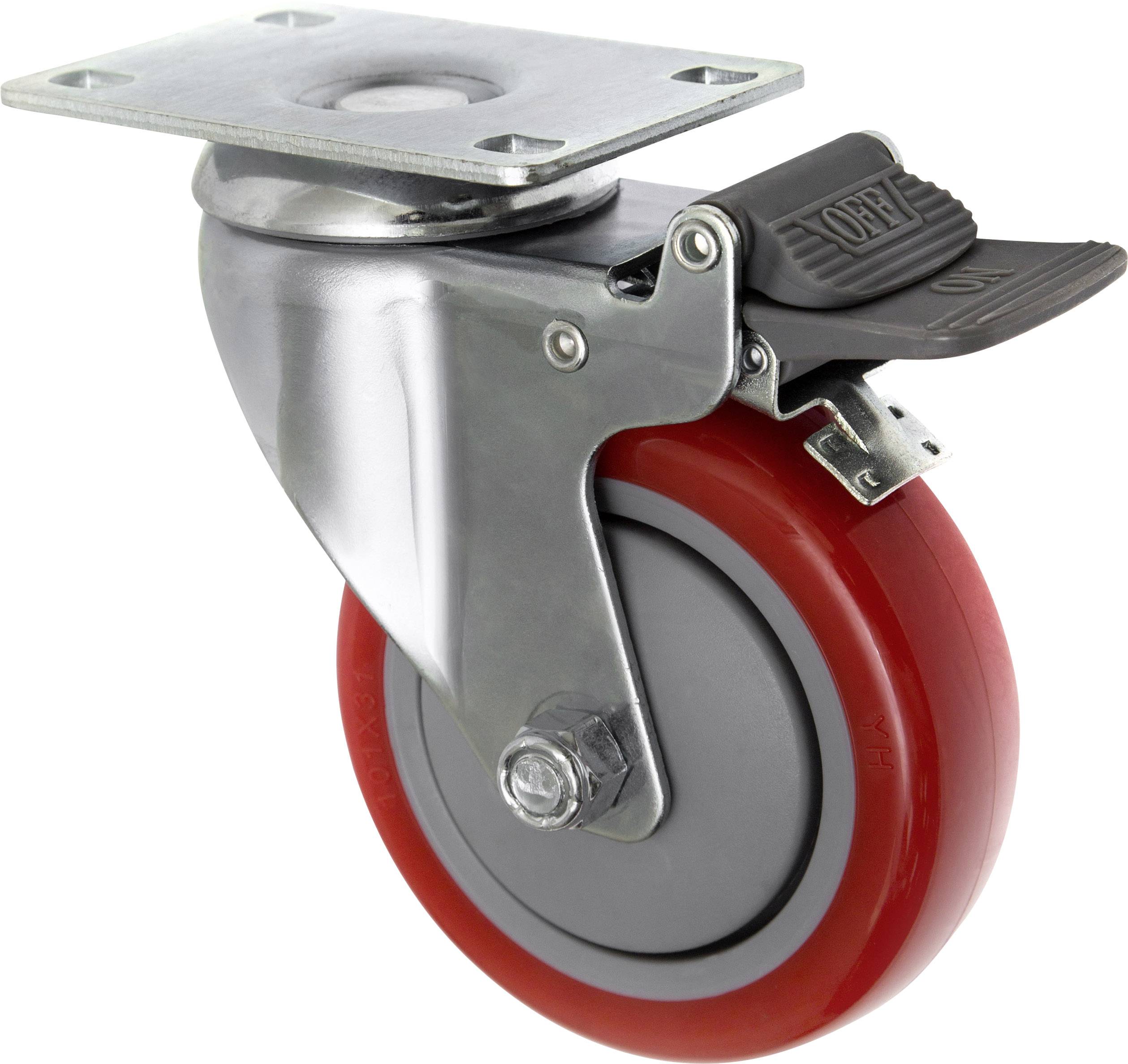 Roulette de guidage industrielle avec roue rouge et plaque métallique de fixation. Idéale pour chariots de transport, permet une direction et un déplacement faciles.