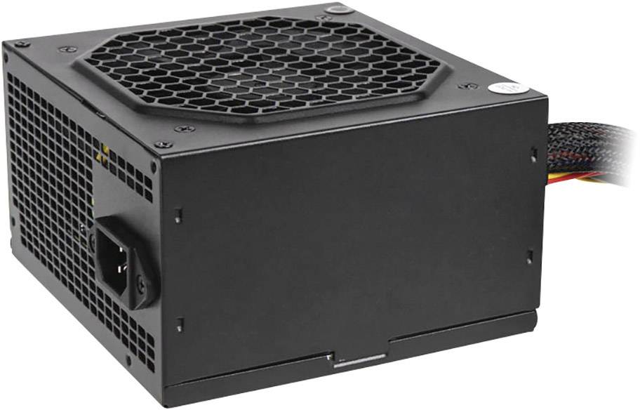 Un bloc d'alimentation rectangulaire pour ordinateur avec un ventilateur sur le dessus et un connecteur sur le côté.