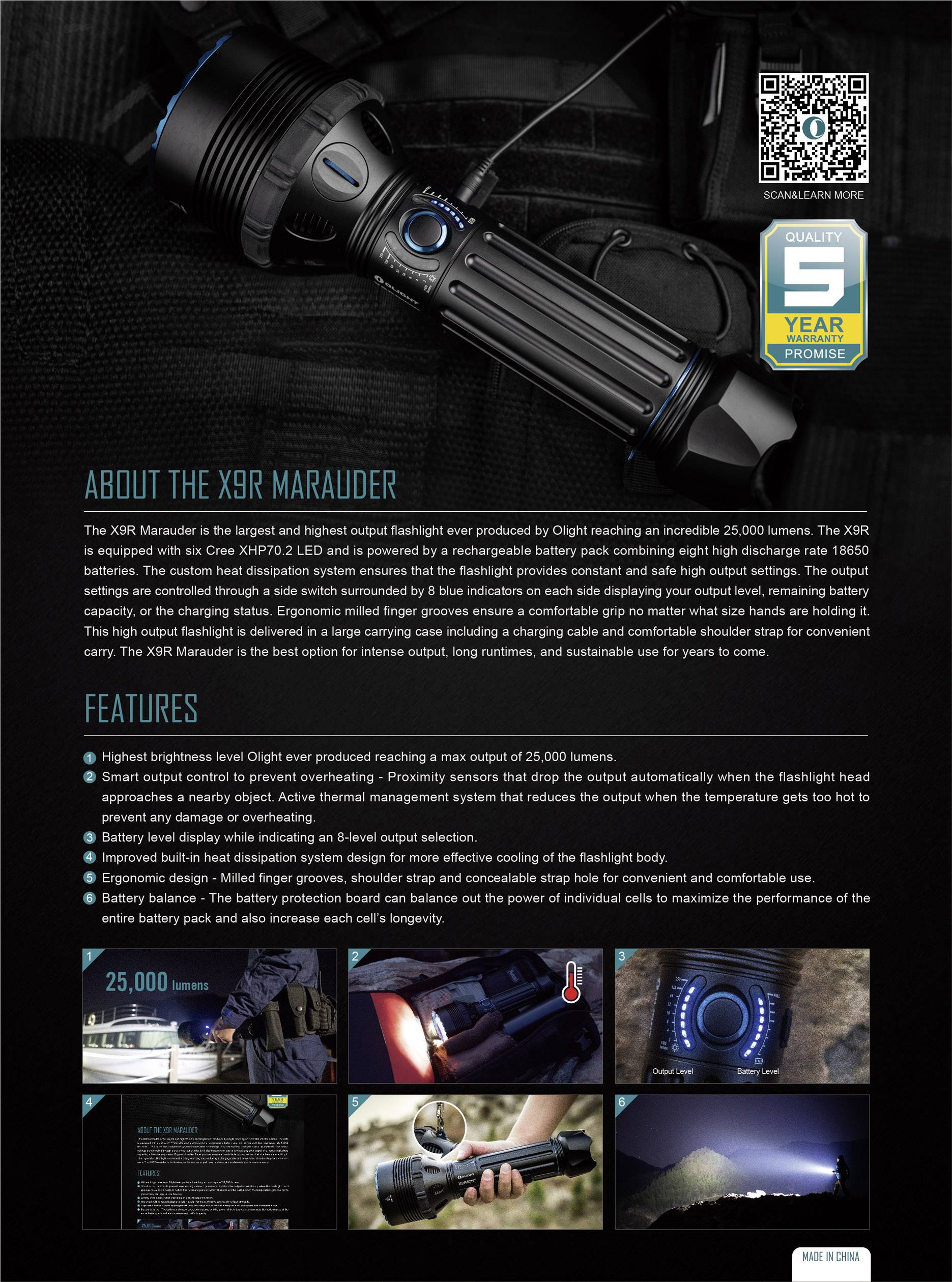 Lampe de poche X9R Marauder avec poignée robuste, adaptée aux aventures en extérieur ; puissance de 25 000 lumens, durabilité maximale, garantie allant jusqu'à 5 ans.