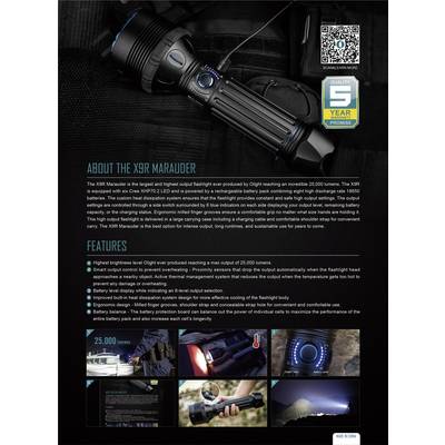 Lampe de poche X9R Marauder avec poignée robuste, adaptée aux aventures en extérieur ; puissance de 25 000 lumens, durabilité maximale, garantie allant jusqu'à 5 ans.