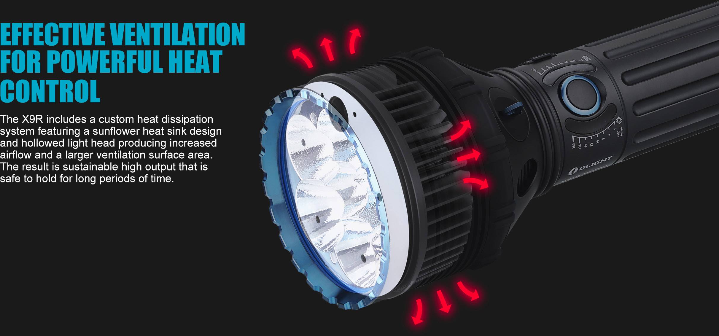Lampe de poche avec système de ventilation efficace pour une meilleure dissipation thermique, idéale pour une utilisation prolongée. Les flèches rouges indiquent le flux d'air.