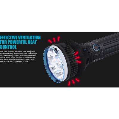 Lampe de poche avec système de ventilation efficace pour une meilleure dissipation thermique, idéale pour une utilisation prolongée. Les flèches rouges indiquent le flux d'air.