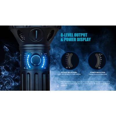Lampe de poche avec 8 niveaux de luminosité et indicateur de puissance. À gauche : Sélecteur avec barre lumineuse. À droite : Indicateur de batterie restante.