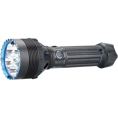 Une lampe de poche noire avec un anneau lumineux bleu et plusieurs réglages de modes sur le côté.
