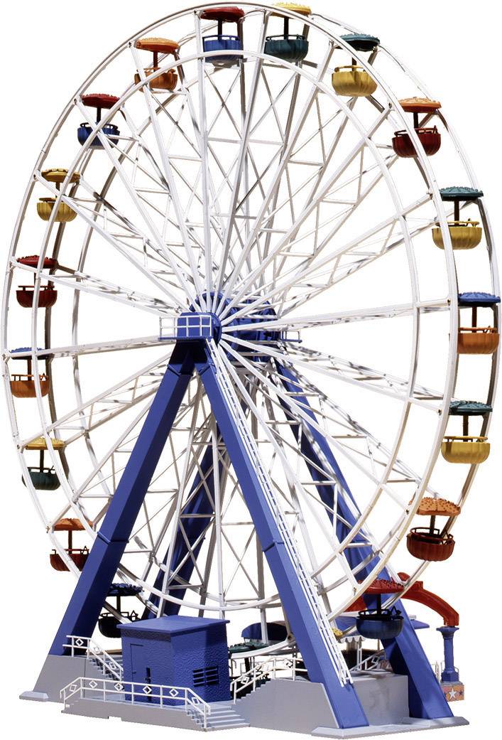 Grande roue avec des nacelles colorées, debout verticalement. Elle représente une attraction de loisirs populaire souvent présente dans les foires et les parcs d'attractions.