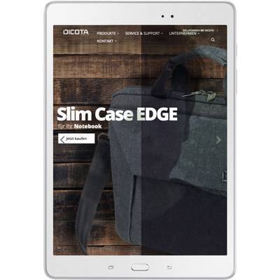 Tablette avec une page web ouverte ; affiche une page publicitaire pour la sacoche pour ordinateur portable 'Slim Case EDGE' avec un appel à l'achat.