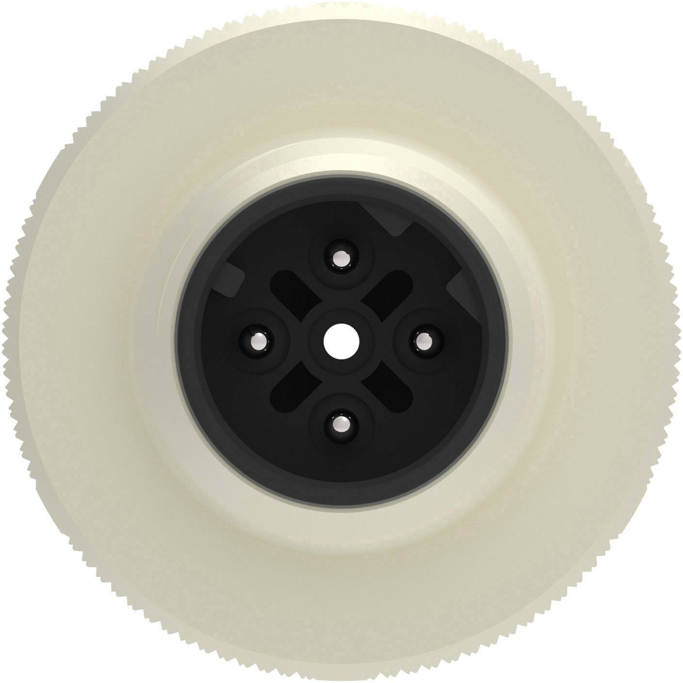 Un disque noir avec cinq découpes circulaires au centre, entouré d'un bord circulaire blanc, ressemblant possiblement à un engrenage.