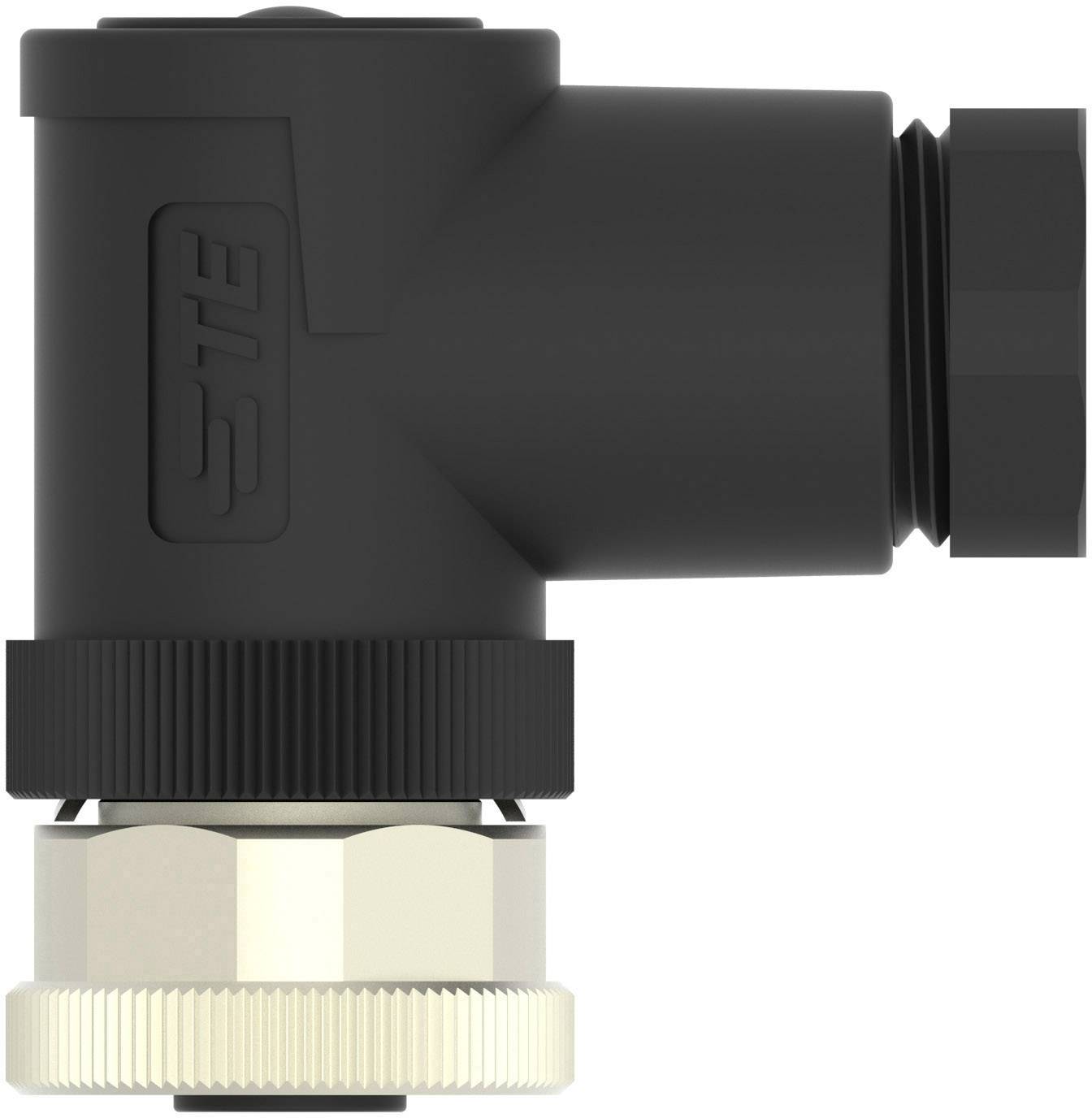 Un adaptateur d'angle à 90 degrés noir avec un raccord à vis métallique, probablement adapté aux systèmes hydrauliques ou pneumatiques.