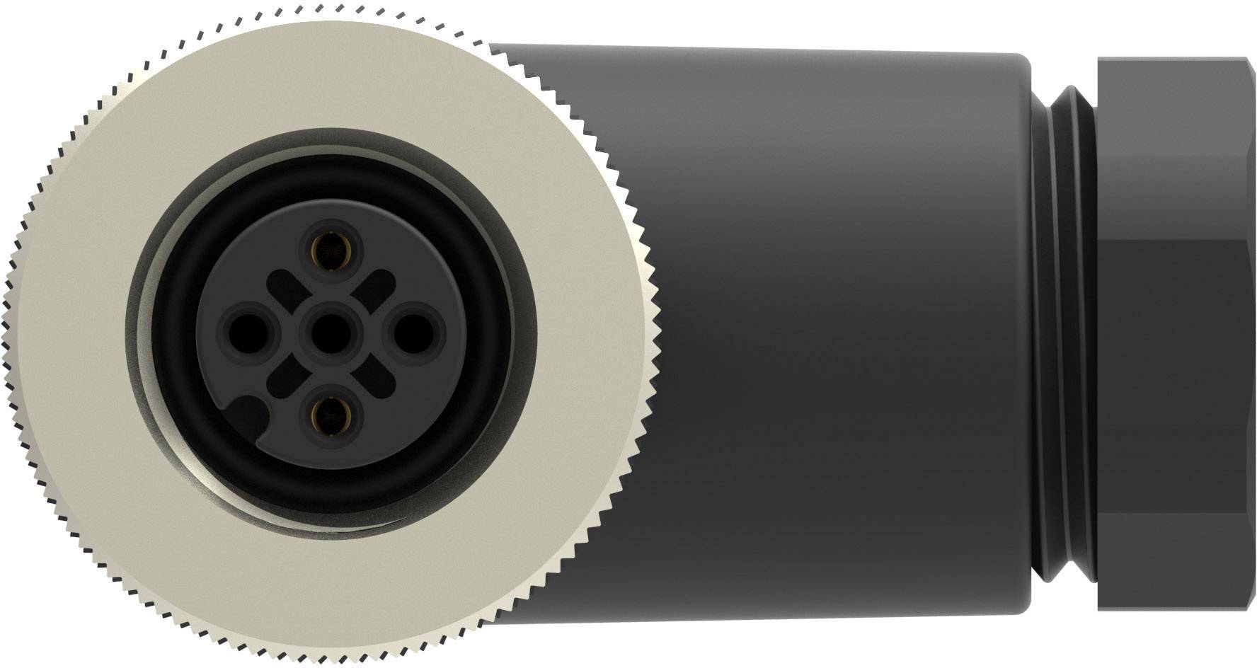 Un connecteur noir cylindrique avec plusieurs prises de broches, représenté de côté.