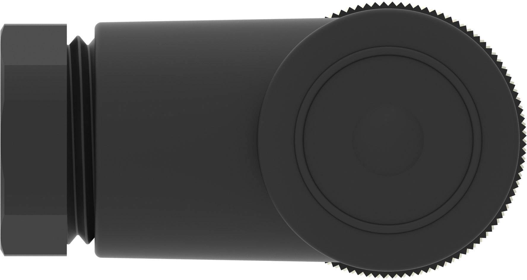 Un composant noir cylindrique avec un bord cannelé, probablement un adaptateur ou un raccord.