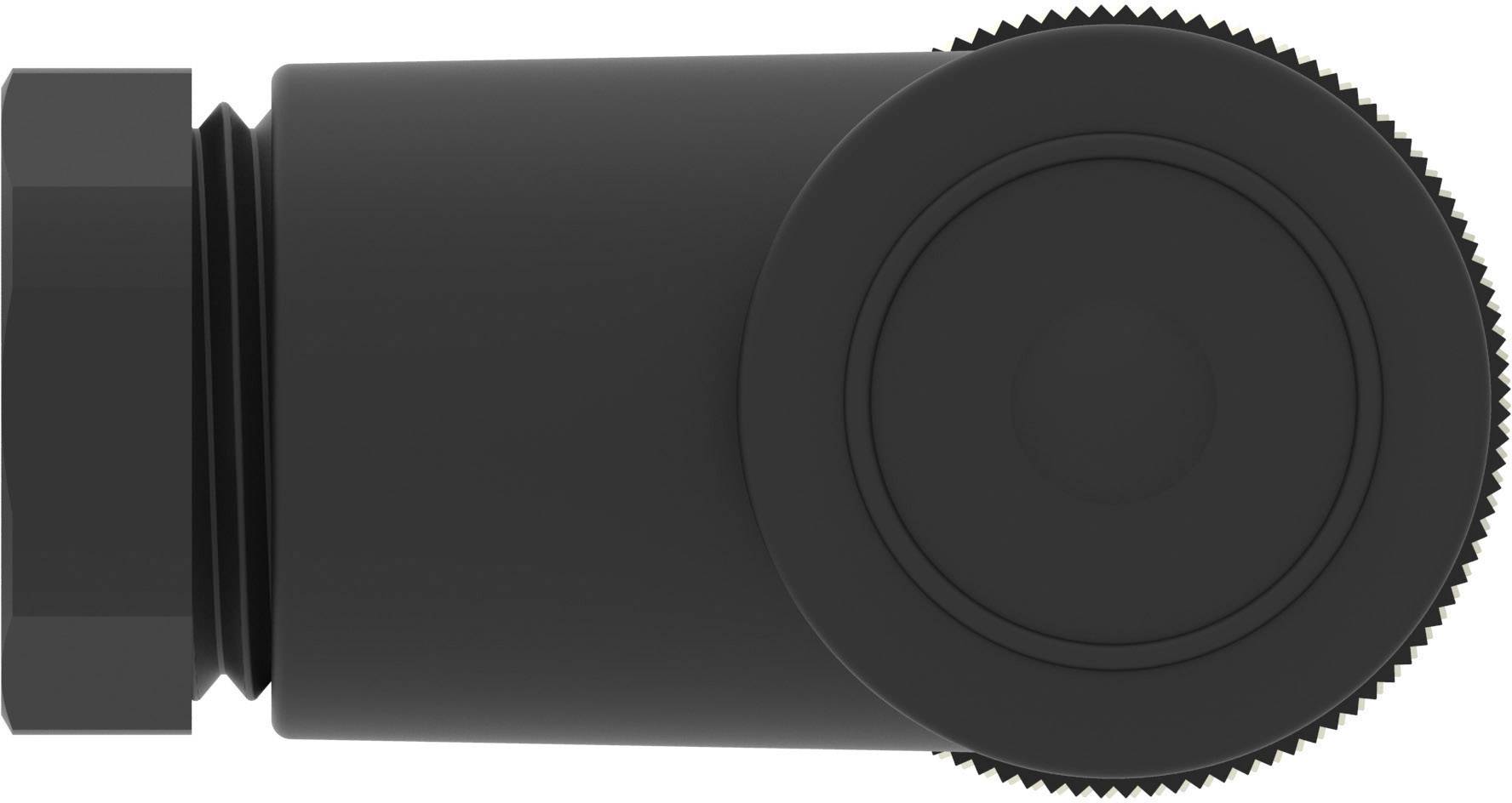 Objet cylindrique noir avec bord cannelé sur un côté ; probablement un adaptateur ou un connecteur. Aucun autre détail n'est visible.