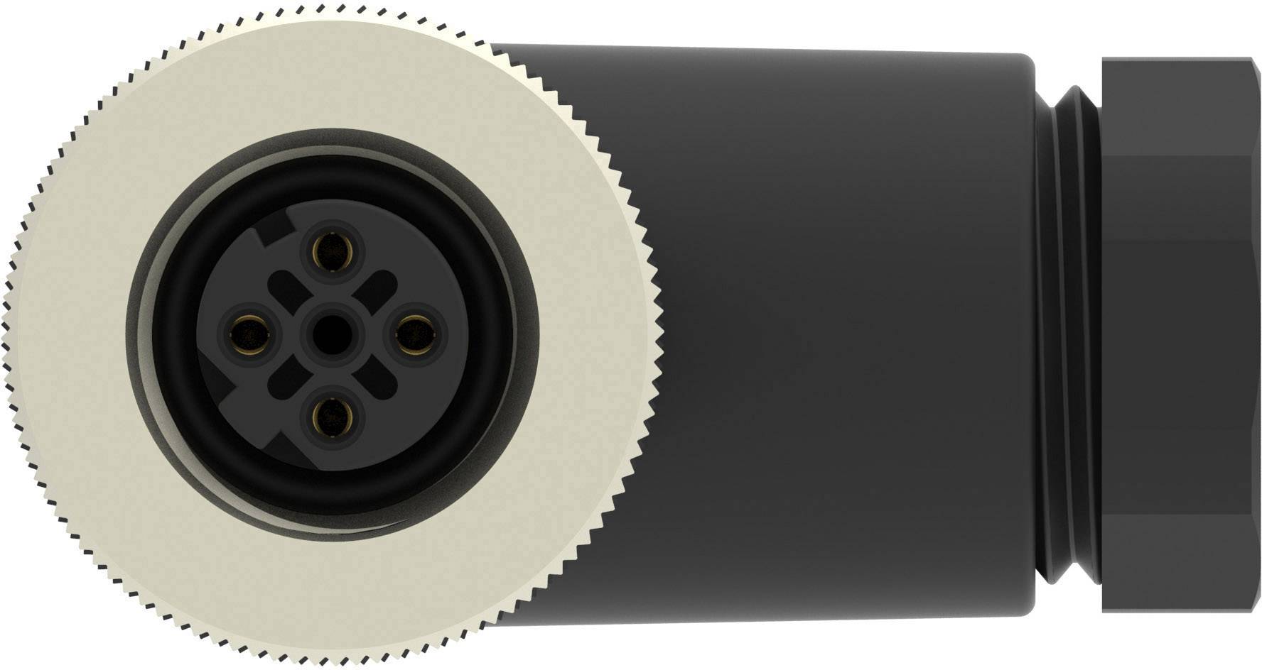 Connecteur cylindrique noir avec bordure circulaire argentée et plusieurs broches de connexion, utilisé pour les appareils électriques.