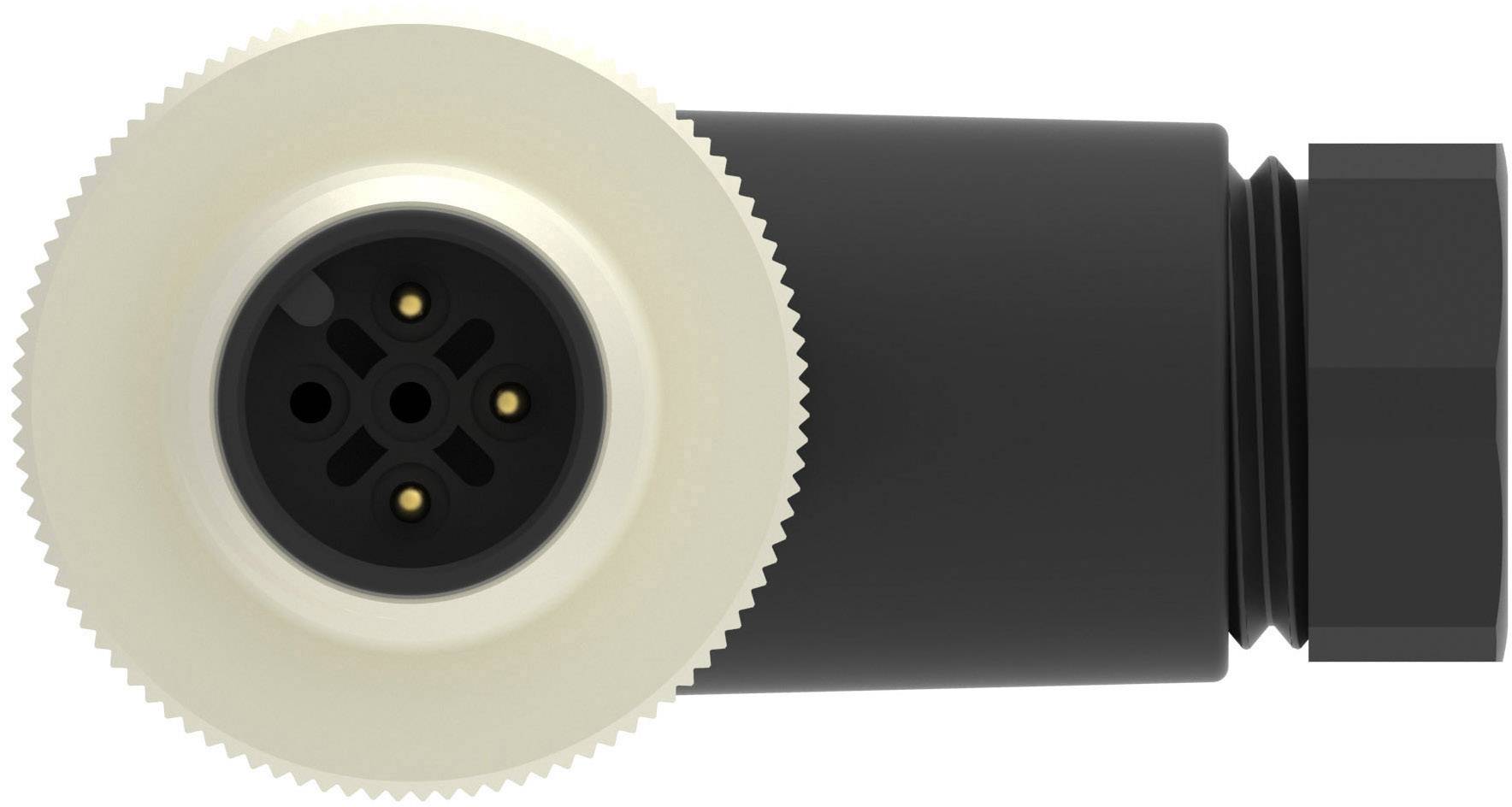 Fiche cylindrique noire avec six petits trous et trois broches de contact métalliques.
