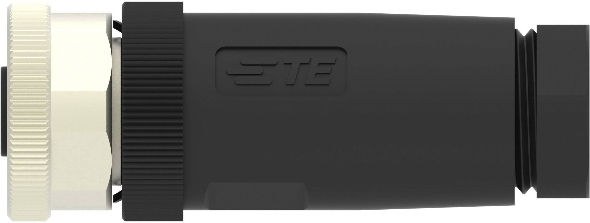 Gros plan d'un connecteur cylindrique noir avec un filetage métallique et un logo sur le côté. Utilisé dans des applications industrielles.