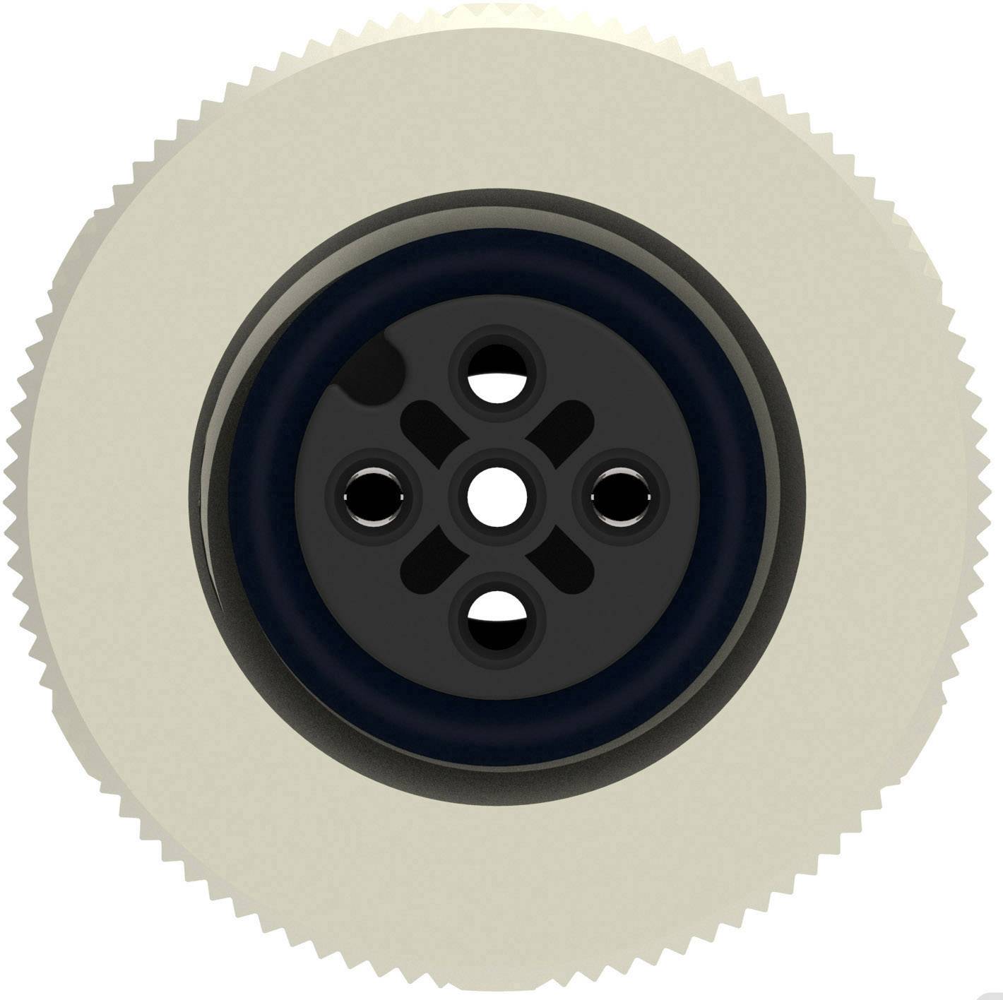 Un bouton beige à quatre trous avec un bord dentelé, représenté sur un fond blanc.