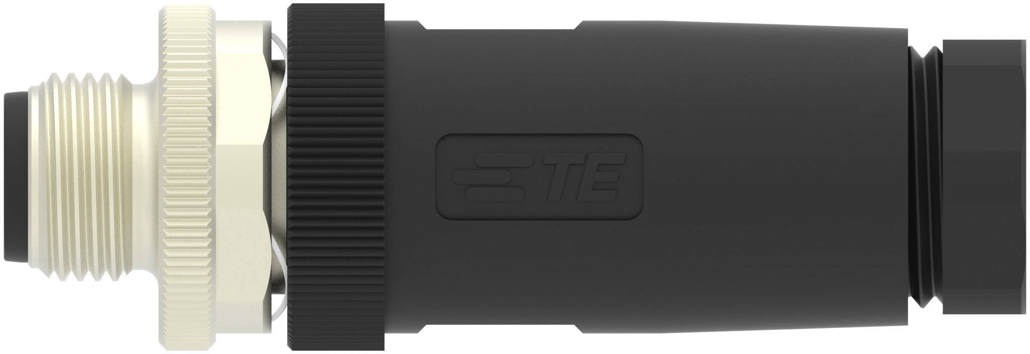 Un connecteur M12 noir cylindrique avec des filets métalliques sur le côté gauche. Adapté aux applications industrielles.