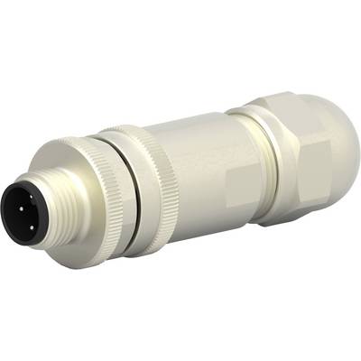 Connecteur M12 métallique cylindrique à trois broches avec filetage fileté. Adapté aux applications industrielles.