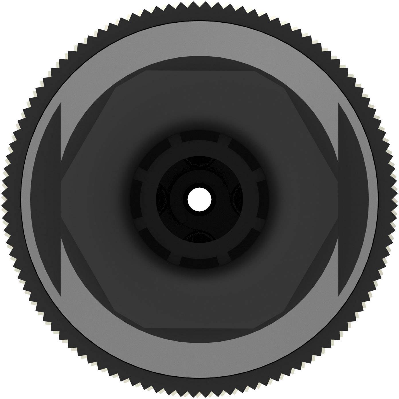 Un engrenage noir avec un bord gris au centre d'un fond blanc.