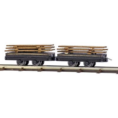 Deux wagons de train miniature transportent des planches de bois empilées sur une voie ferrée.