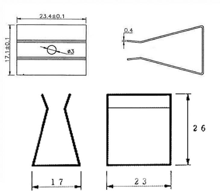Dessin technique d'un composant avec dimensions : En haut à gauche, vue de dessus ; en haut à droite, vue latérale ; en bas à gauche, coupe transversale ; en bas à droite, vue de face.