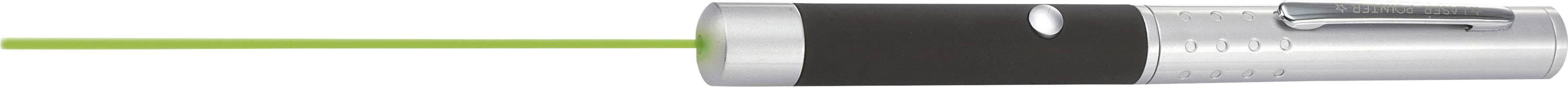 Un pointeur laser à faisceau lumineux vert vise une cible. La poignée est noire avec des détails argentés et un clip.