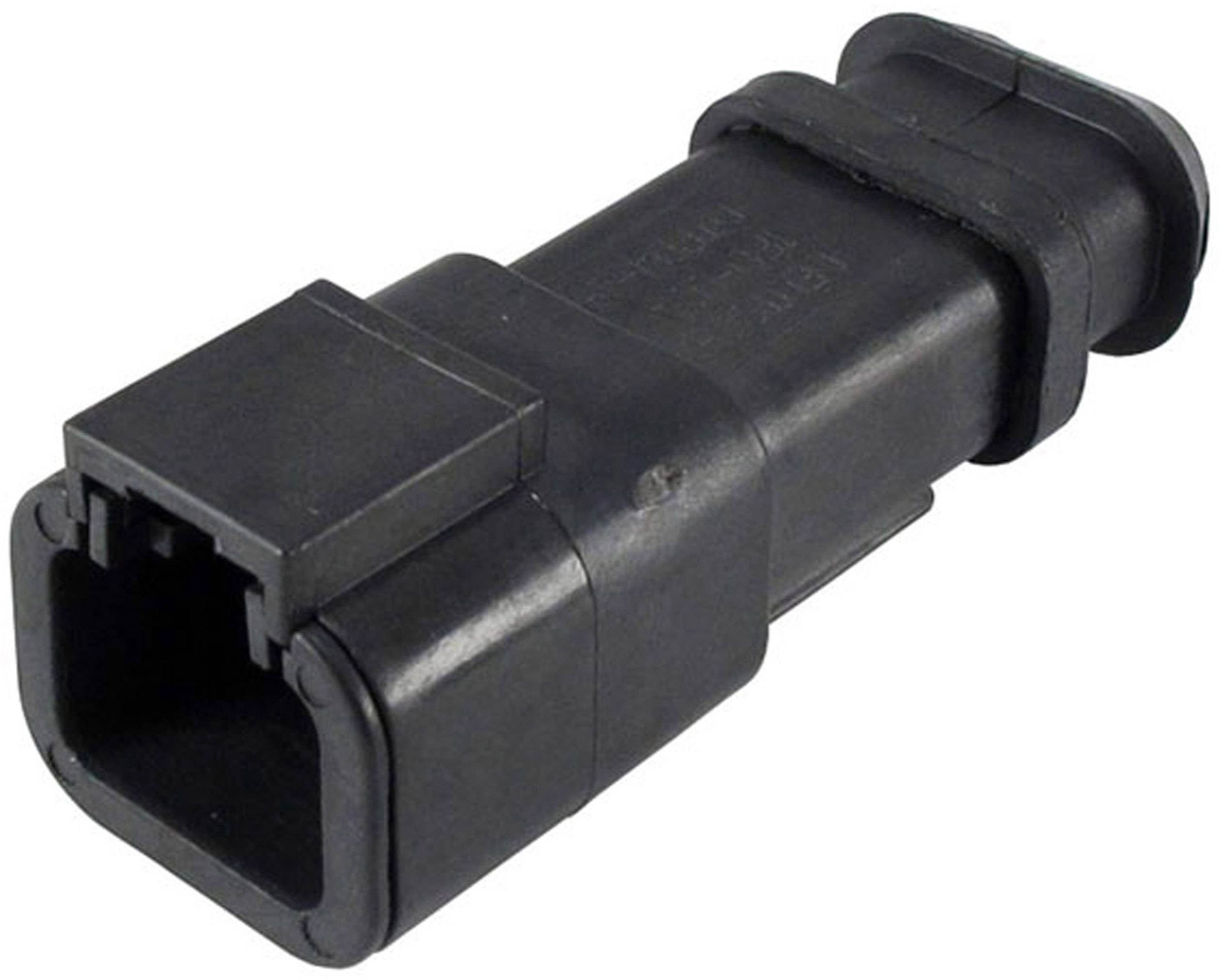 Un connecteur rectangulaire noir en plastique aux bords arrondis. Il sert à établir une connexion électrique entre des appareils.