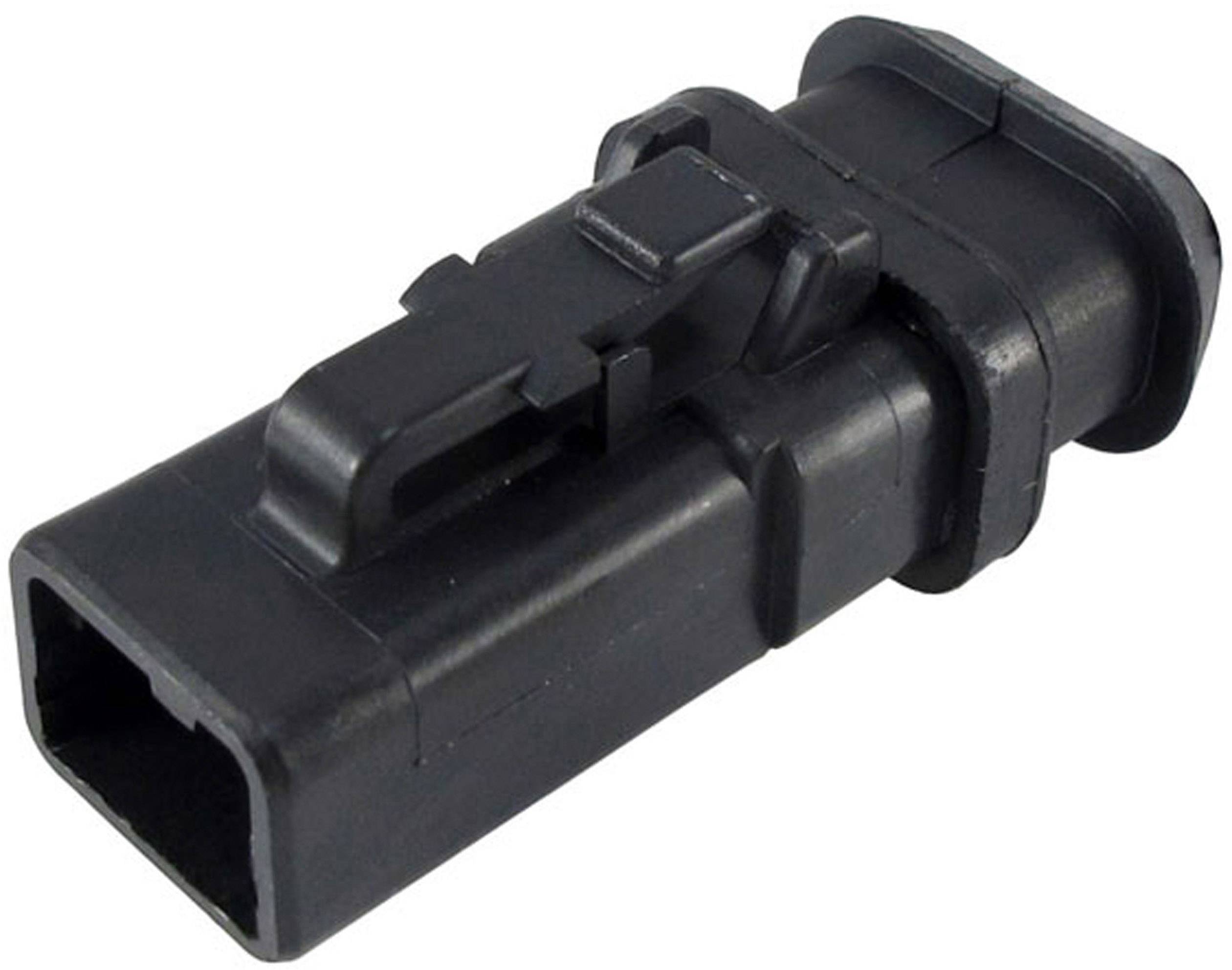 Connecteur noir avec boîtier rectangulaire et mécanisme de verrouillage, utilisé pour les connexions électriques dans les véhicules.