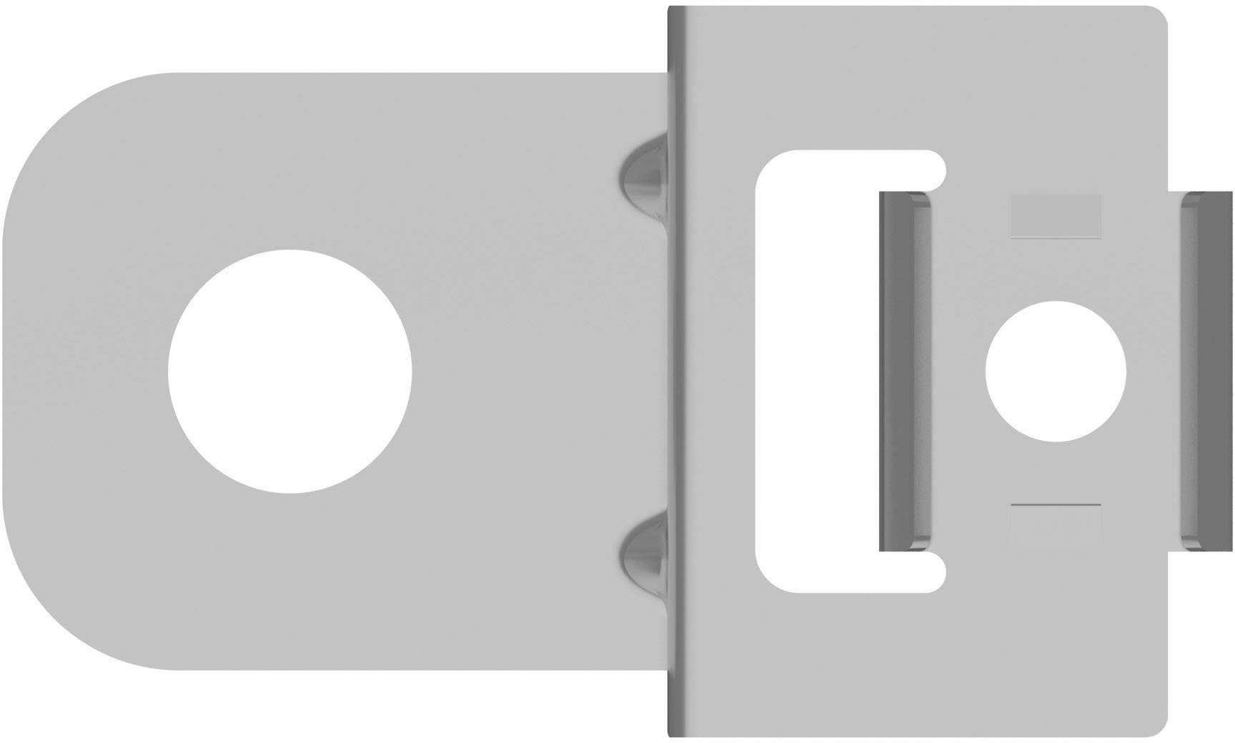 Un dispositif gris rectangulaire avec des découpes circulaires au centre ; probablement une pièce de montage ou de fixation.