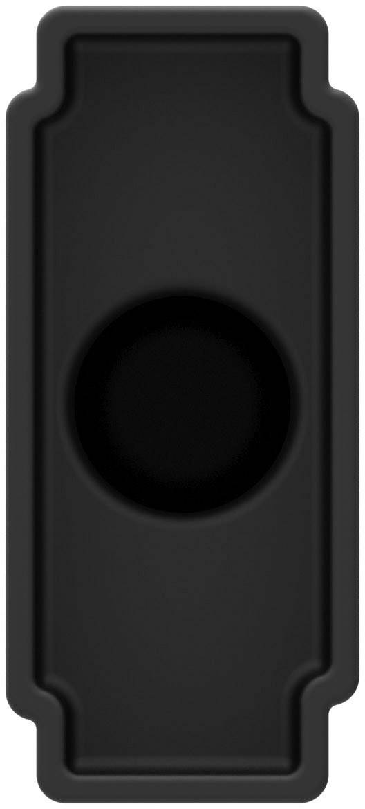 Un objet rectangulaire noir aux coins arrondis avec un creux circulaire au centre, probablement un moule en silicone.