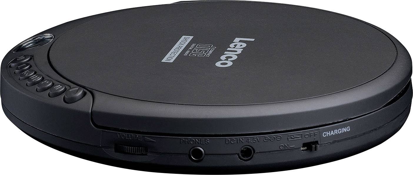 Lecteur CD portable noir de la marque Lenco, montrant les commandes et les connexions pour casque sur le côté.