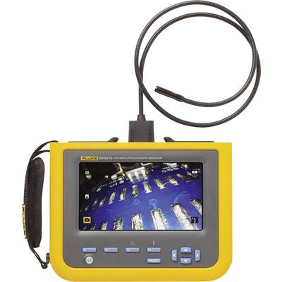 Un dispositif endoscopique jaune avec un moniteur affichant des composants électroniques. Un long tuyau flexible y est raccordé.