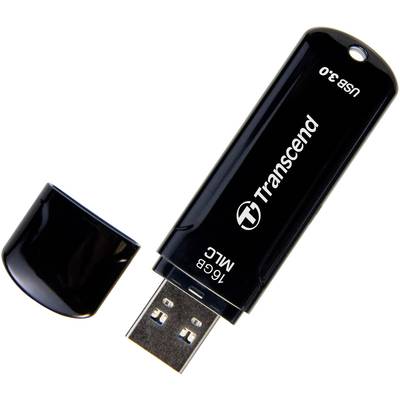 Clé USB 3.0 noire de la marque Transcend avec capuchon retiré, d'une capacité de 16 Go, montrant le logo et le texte technique.