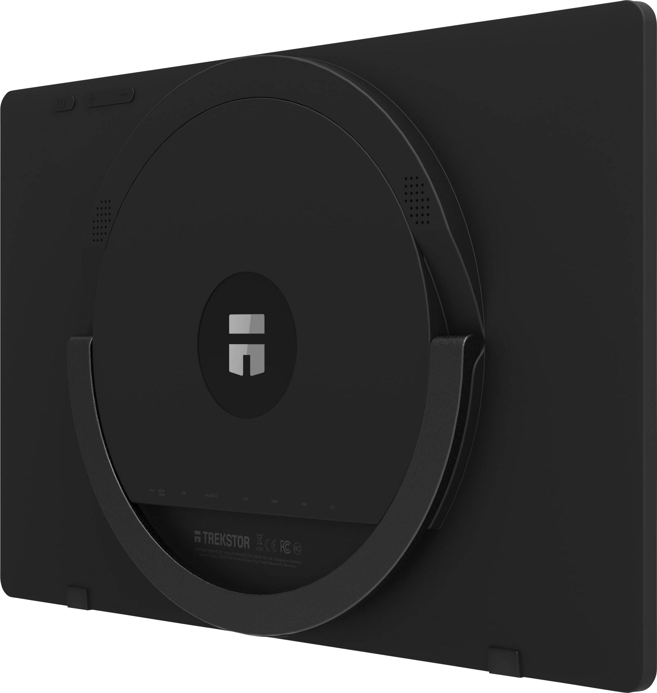 Un ordinateur tablette noir vu de dos, avec un support circulaire intégré au centre.