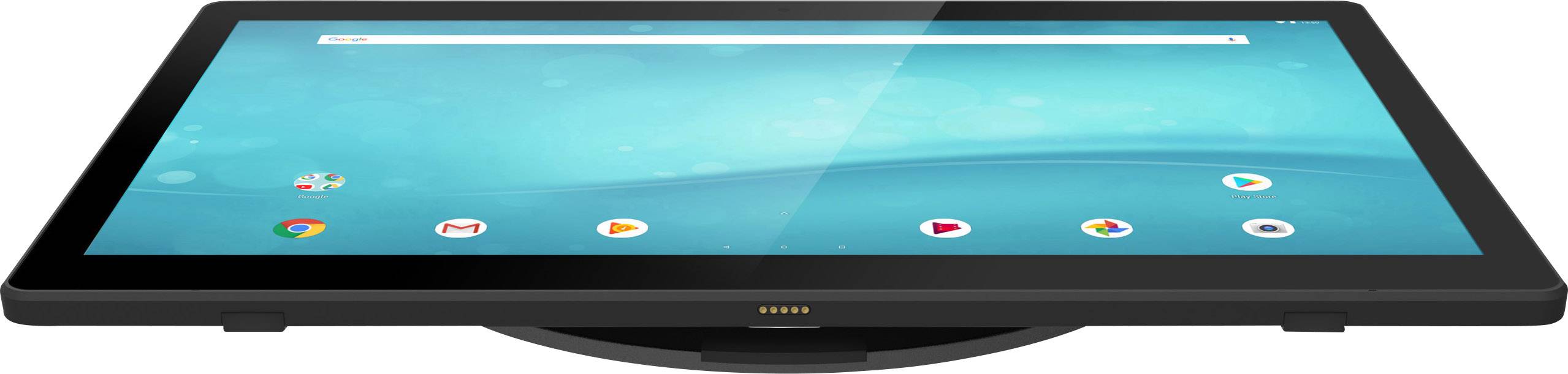 Une tablette avec un cadre noir affichant différentes icônes d'applications sur l'écran. L'arrière-plan est de couleur turquoise.